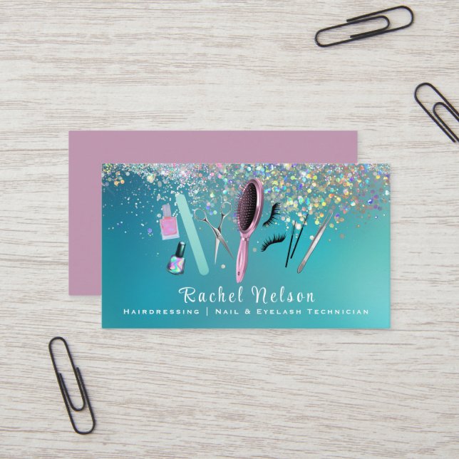 Carte De Visite Clous de beauté et coiffeur Services Éclairage (Devant/Arrière en situation)