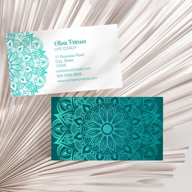 Carte De Visite Coach moderne Turquoise Mandala Life (Modern Turquoise Mandala Life Coach Business Card on a dry palm leaf.)