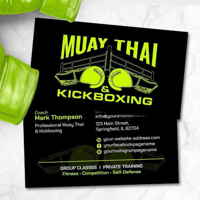 Carte De Visite Coach Muay Thai et Kickboxing - Noir et Lime (Créateur téléchargé)