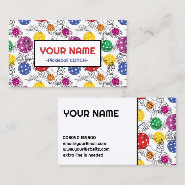 Carte De Visite Coach Pickleball perroquets et pickeballs (Devant / Derrière)
