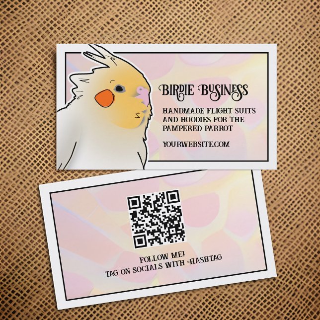 Carte De Visite Cockatiel Bird Breeder Parrot Toy Social Media QR (Cute cockatiel business cards with QR code)