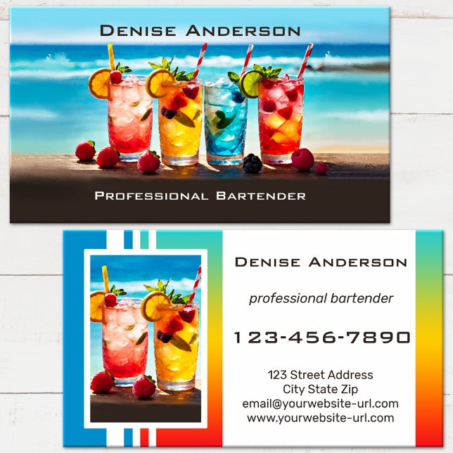 Carte De Visite Cocktail d'été coloré Barman de plage  (Eye catching business card featuring colorful tropical cocktails on the beach - bartender - bar)
