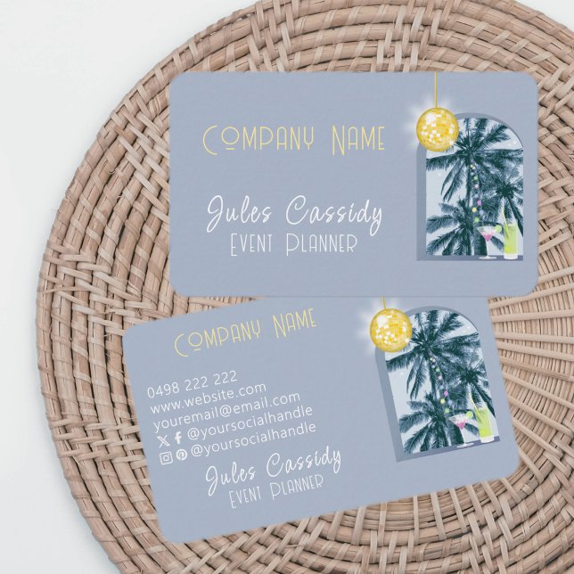 Carte De Visite Cocktail Disco Ball Palm Blue Event Planner (Créateur téléchargé)