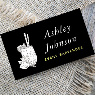 Carte De Visite Cocktail tropical noir et blanc avec Feuilles pail