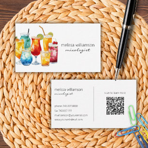 Carte De Visite Cocktails à l'aquarelle avec code QR 