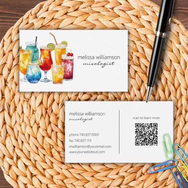 Carte De Visite Cocktails à l'aquarelle avec code QR  (Créateur téléchargé)