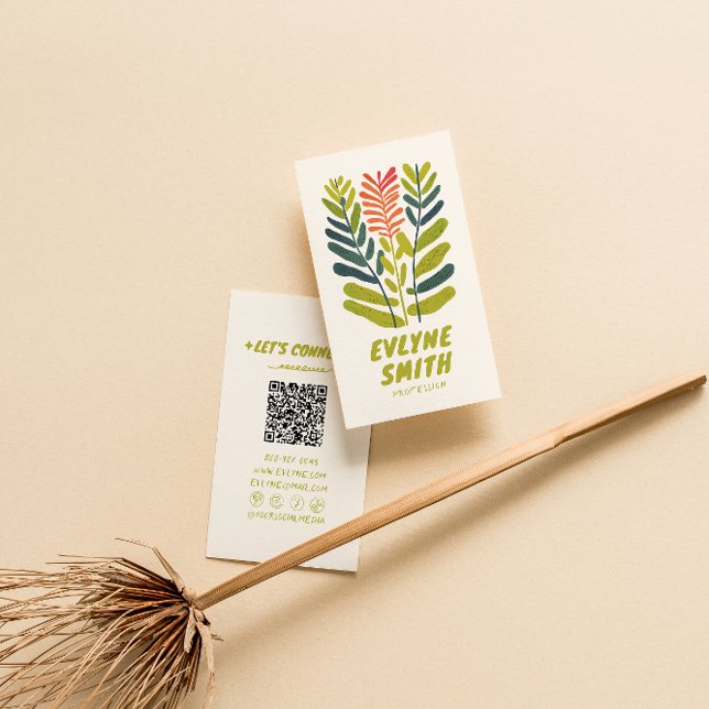 Carte De Visite Cod rétro manuscrit dessiné vert Funky Floral QR C (Créateur téléchargé)