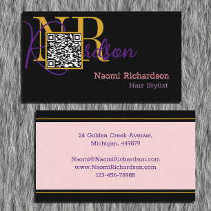 Carte De Visite Code personnalisé noir, or, rose et QR, monogramme