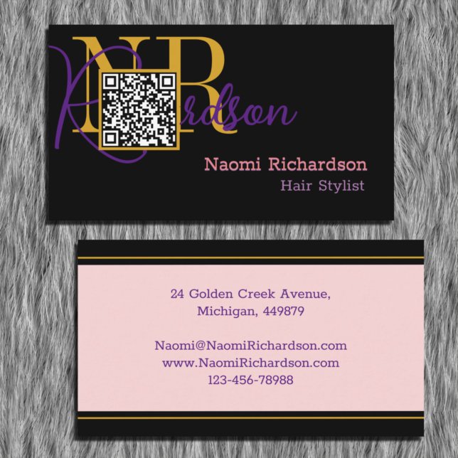 Carte De Visite Code personnalisé noir, or, rose et QR, monogramme (Créateur téléchargé)