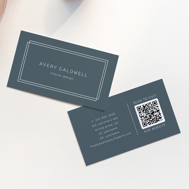 Carte De Visite Code QR à double cadre classique bleu marine foncé (AVERY Dark Navy Blue Classic Double Frame QR Code Business Card)