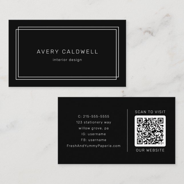 Carte De Visite Code QR à double cadre noir moderne AVERY (Devant / Derrière)