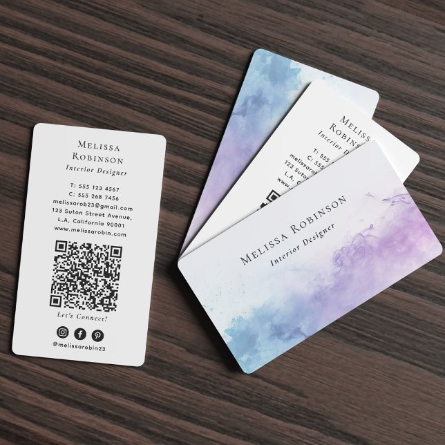 Carte De Visite Code QR à l'aquarelle fumée bleu et violet moderne (Créateur téléchargé)