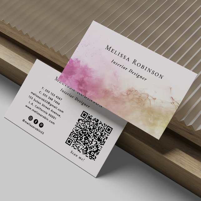 Carte De Visite Code QR à l'aquarelle fumée moderne rose et beige (Créateur téléchargé)