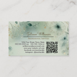 Carte De Visite Code QR à l'aquarelle vert sauge et or rêveur