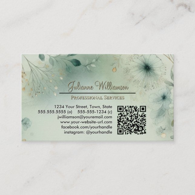 Carte De Visite Code QR à l'aquarelle vert sauge et or rêveur (Devant)