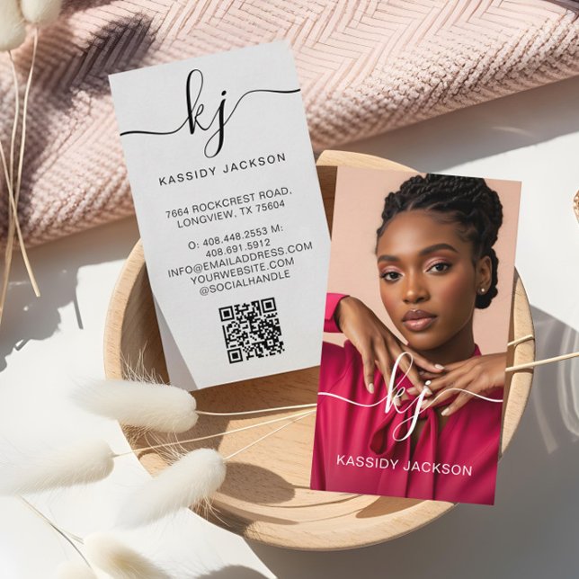 Carte De Visite Code QR à monogramme de script élégant pour photo  (Elegant Script Calligraphy Monogram Logo & QR Code Business Card)