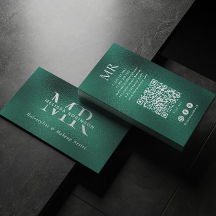 Carte De Visite Code QR à monogramme en feuille d'aluminium verte