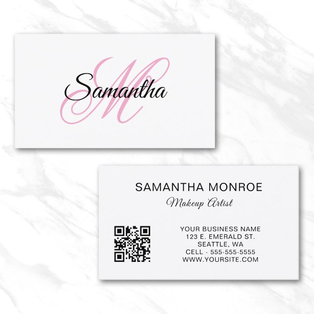 Carte De Visite Code QR à monogramme fantaisie rose (Pink Fancy Monogram QR Code Business Card)