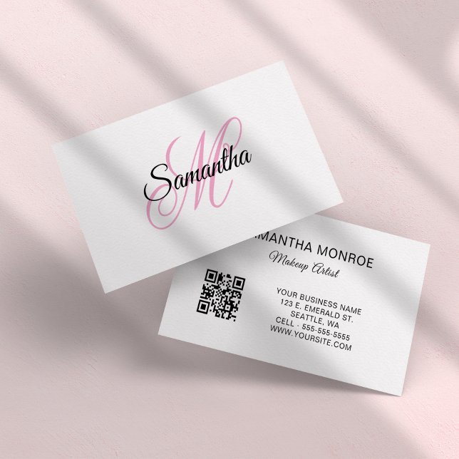 Carte De Visite Code QR à monogramme fantaisie rose (Pink Fancy Monogram QR Code Business Card)