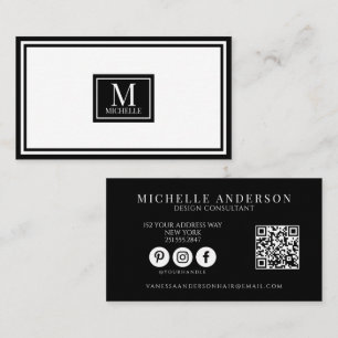 Carte De Visite Code QR à monogramme moderne noir et blanc bordé