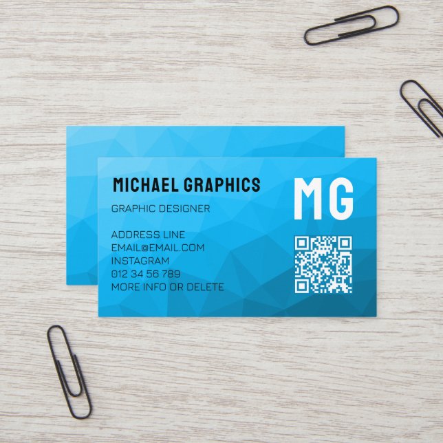 Carte De Visite Code QR à motif de maille géométrique avec dégradé (Devant/Arrière en situation)