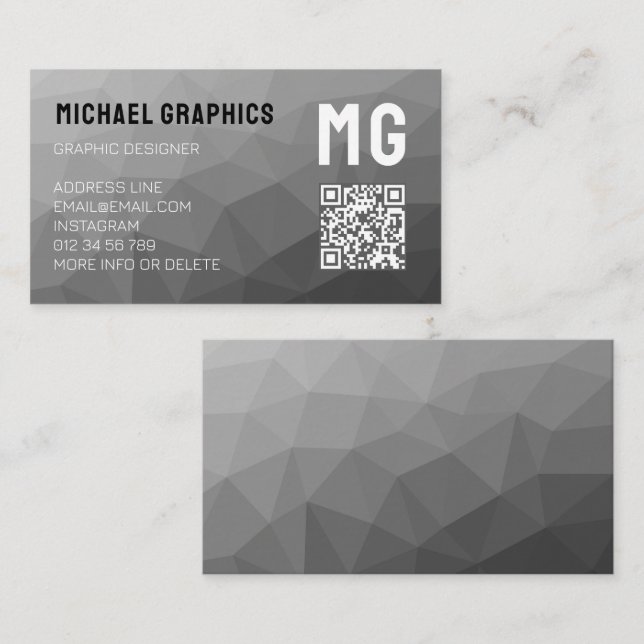 Carte De Visite Code QR à motif de maille géométrique gris Monogra (Devant / Derrière)