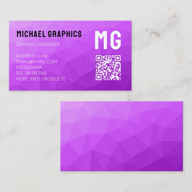 Carte De Visite Code QR à motif de maille géométrique violet Monog (Devant / Derrière)
