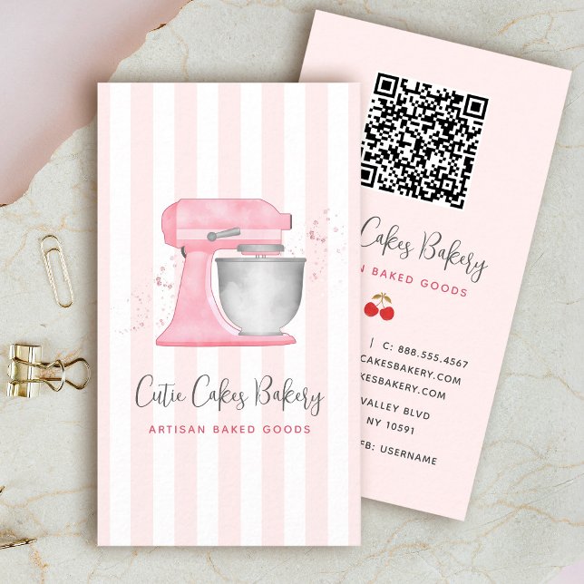 Carte De Visite Code QR à rayures mélangeur de cuisine rose pastel (Créateur téléchargé)