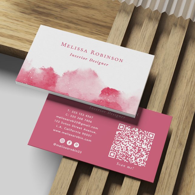 Carte De Visite Code QR Abstrait Aquarelle Rose et Blanc Féminin (Créateur téléchargé)