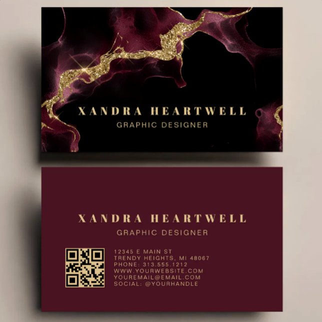 Carte De Visite Code QR Abstrait avec Encre Pailletée Bourgogne Hu (Créateur téléchargé)