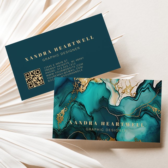 Carte De Visite Code QR Abstrait Encre Pailletée Bleu Sarcelle Et  (Créateur téléchargé)