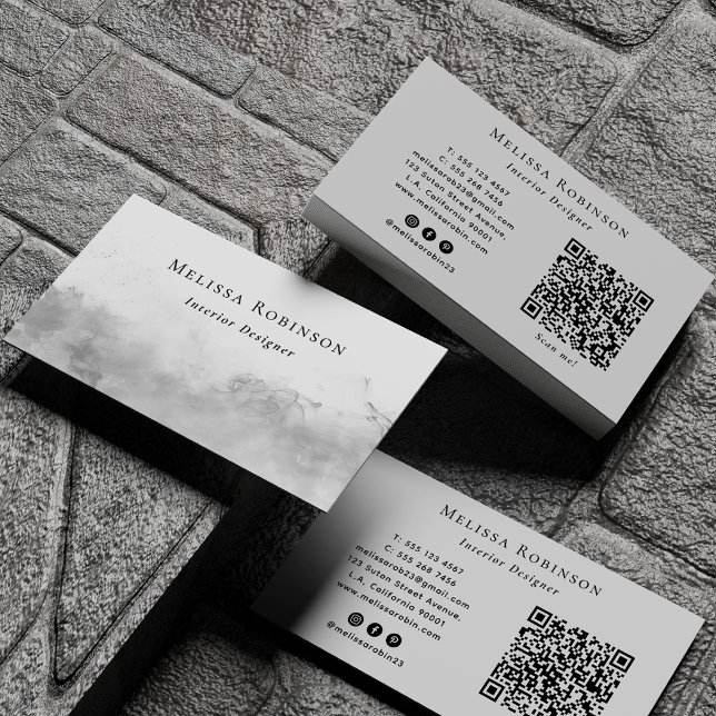 Carte De Visite Code QR Abstrait Fumée Gris Argent & Médias Sociau (Créateur téléchargé)