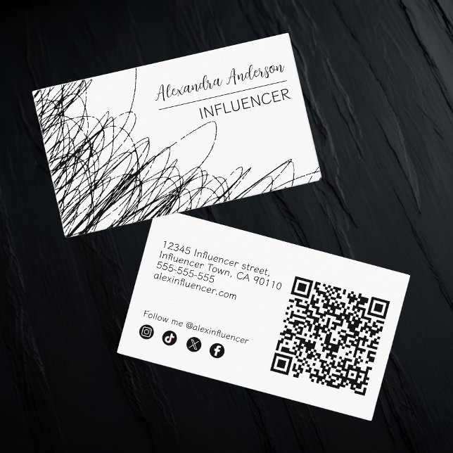 Carte De Visite Code QR Abstrait moderne noir et blanc (Modern Black And White Abstract Scribble QR Code Business Card)