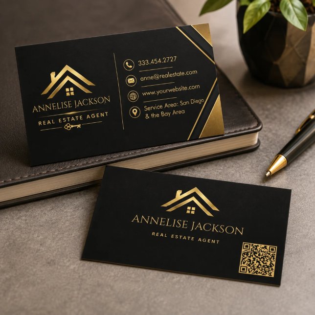 Carte De Visite Code QR Agent Immobilier Luxe Navy Or (Créateur téléchargé)