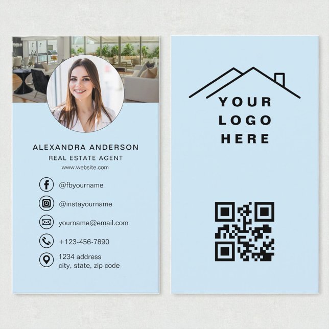 Carte De Visite Code QR Agent immobilier Sky Blue Photo Logo (Créateur téléchargé)
