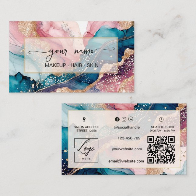 Carte De Visite Code Qr aquarelle et rose irisé blush Rose (Devant / Derrière)