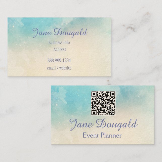 Carte De Visite Code QR Aquarelle Pastel Bleus Rose  Personnalisé  (Devant / Derrière)