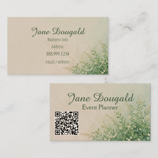 Carte De Visite Code QR Aquarelle Pastel Botanique Verdure (Devant / Derrière)