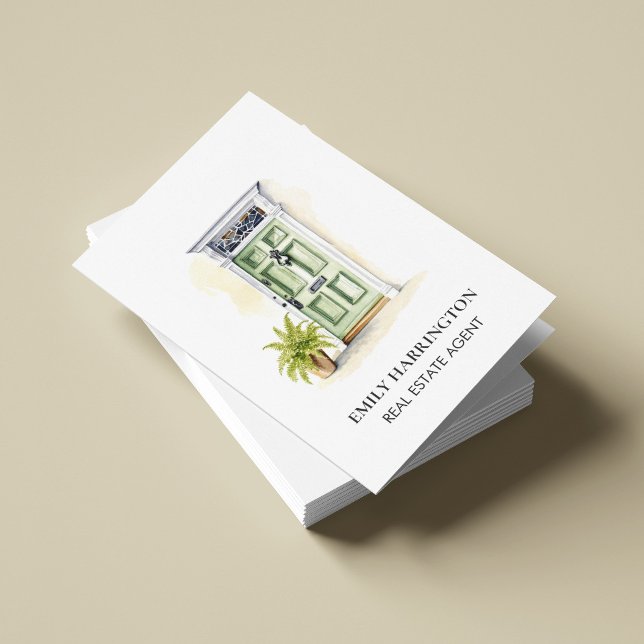 Carte De Visite Code QR aquarelle porte verte Agent immobilier (Créateur téléchargé)