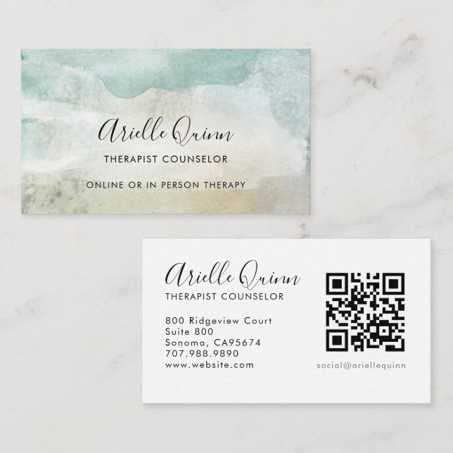 Carte De Visite Code QR aquarelle serein Conseiller Thérapeute (Devant / Derrière)