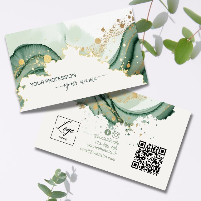 Carte De Visite Code Qr aquarelle vert sauge  (Créateur téléchargé)