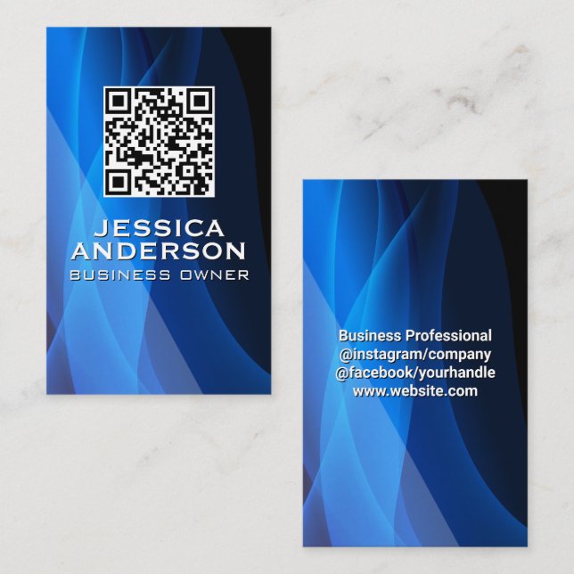 Carte De Visite Code QR | Arrière - plan Abstrait bleu (Devant / Derrière)