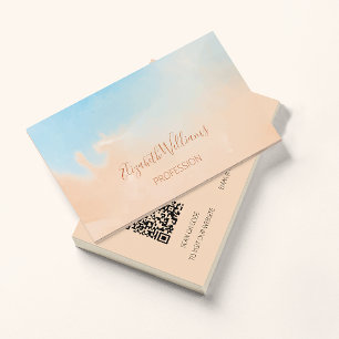 Carte De Visite Code QR Arrière-plan aquarelle bleu terracotta