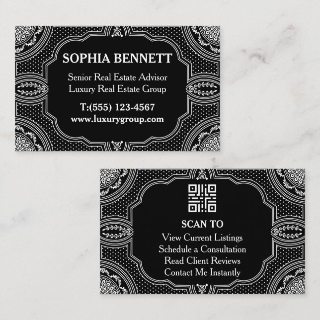 Carte De Visite Code QR Art Déco Immobilier de Luxe (Devant / Derrière)