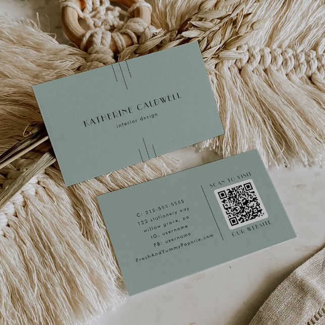 Carte de visite code QR Art Déco vert sauge EVERLY (EVERLY Modern Classic Art Deco Sage Green QR Code Business Card)