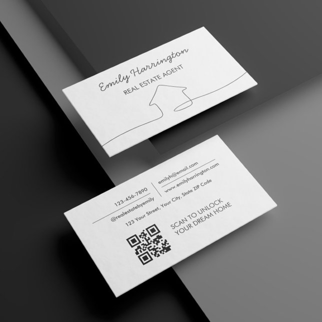 Carte De Visite Code QR Art Linéaire Agent Immobilier Neutre (Créateur téléchargé)
