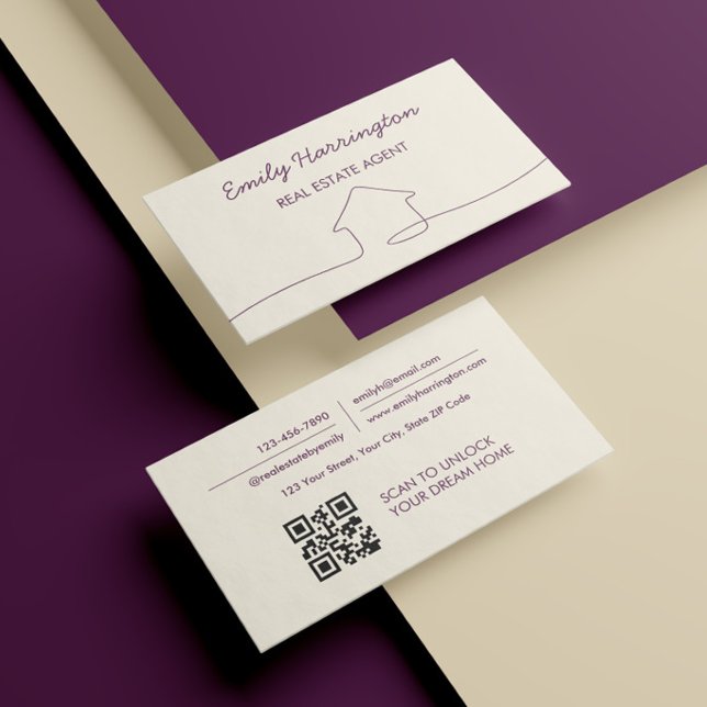 Carte De Visite Code QR Art Linéaire Agent Immobilier Prune (Créateur téléchargé)