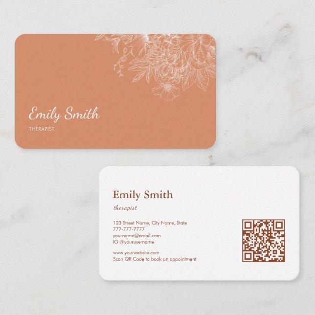 Carte De Visite Code QR Art Linéaire de Fleur Orange Poussiéreuse  (Devant / Derrière)