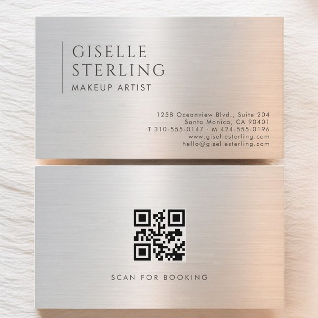 Carte De Visite Code QR Artiste Maquillage Métal Brossé (Créateur téléchargé)