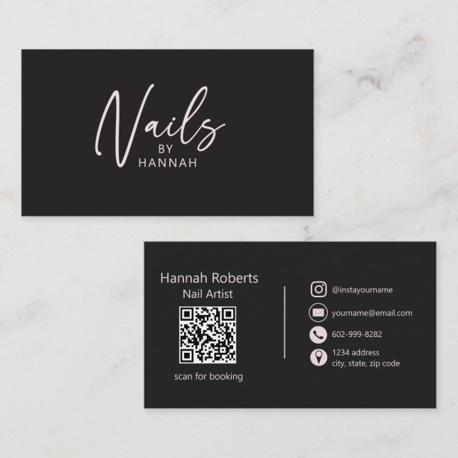 Carte De Visite Code QR Artiste Ongles Black Pink Typographie Mode (Devant / Derrière)